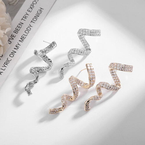Zircon Spiral Ribbon Earrings Silver Needle 1 Pair 2