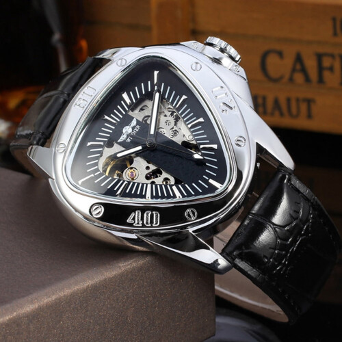 Men's Automatic Mechanical Watch PU Band Black Silver 1