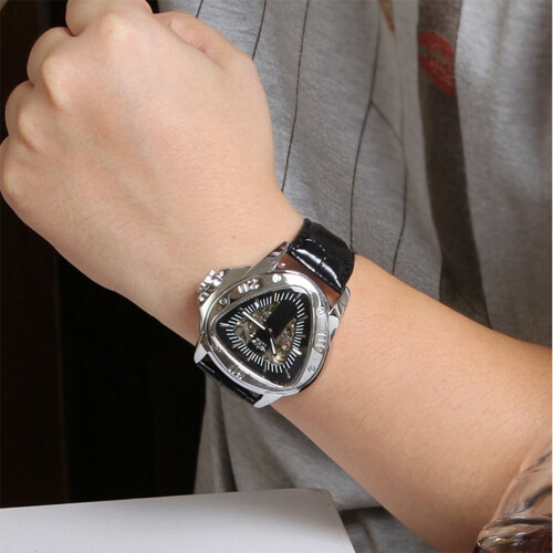 Men's Automatic Mechanical Watch PU Band Black Silver 2