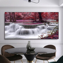 Vízesés Vászonkép, Lila Fák Erdő Tájkép, Fekete-fehér Festmény, 50x105 cm, Keret Nélkül, Fürdőszobai Dekoráció