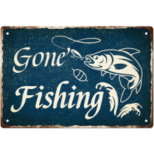 Gone Fishing blikkskilt 30x20cm, fiskekroker agn blå hvit vintage metallkunst, morsom veggdekor til hjemmegarasjebar, kompatibel med fiskekar