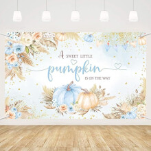 Bannière de fond automnale bohème citrouille 2,1 x 1,5 m, motif floral bleu et feuilles d'automne, inscription « Un petit bébé arrive » et