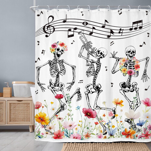 Perdea de duș cu craniu, saxofon gotic cu schelet, 60x72inch 1