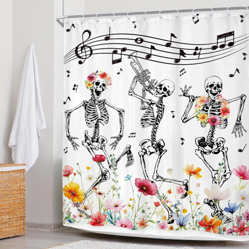 Perdea de duș cu craniu, saxofon gotic cu schelet, 60x72inch 2