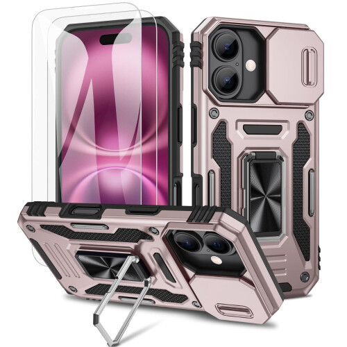 iPhone 16 -kotelo pyörivällä jalustalla ja lasinäytöllä