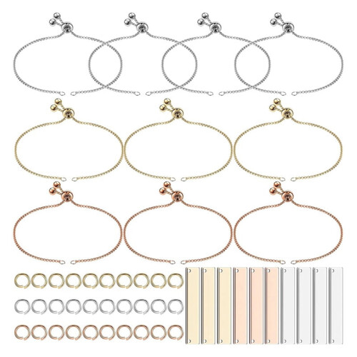 Kit de pulseira gravável com 10 pingentes retangulares em branco.