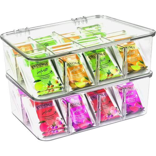 Tea Bag Organizer Stackable with Lid and 8 Compartments