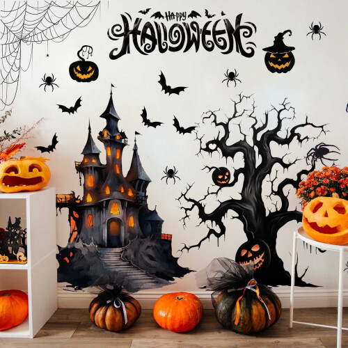 Αυτοκόλλητο τοίχου με κάστρο αράχνης για το Halloween, μαύρο, 1 τεμάχιο