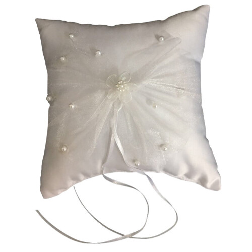 Almofada para alianças de casamento com renda, pérolas e decoração floral. 1