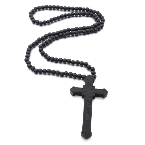 Colier cruce catolică cu mărgele de lemn și crucifix 2