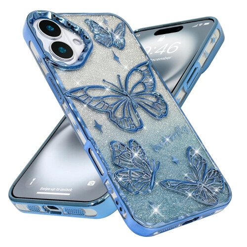 Θήκη iPhone 16 3D με γκλίτερ πεταλούδας, ροζ, 6,1 ιντσών 1