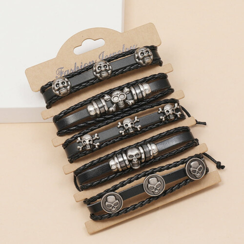 Handmade Beaded Leather Bracelet Set Skull Design Black 2