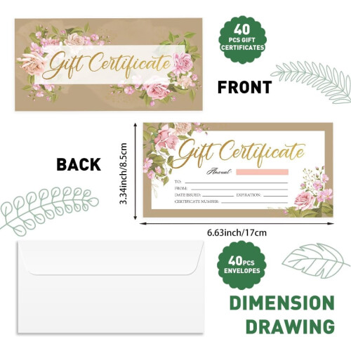 Rose Blank Gift Certificates with Envelopes 40 pcs 6.63 x 1