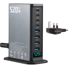 520W GaN USB C Charging Station 8-Port Fast Charger Hub, PD 100W QC3.0 PPS Multi Device with 4 USB-C & 4 USB-A Ports for Phone Laptop, Dark Grey
