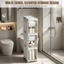 3 Tier Foldable Slim Bathroom Storage Cabinet, ABS Waterproof Freestanding Narrow Toilet Side Cabinet with Magnetic Door Lockable Wheels Storage Unit