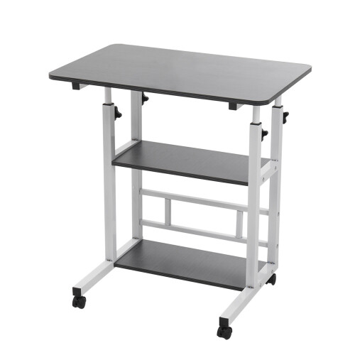 60x40cm Mobile Overbed Desk Height Adjustable Rolling Side Table with 2 Storage Shelves, Black