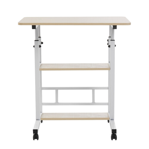 60x40cm Mobile Overbed Desk Height Adjustable Rolling Side Table with 2 Storage Shelves, Beige 1