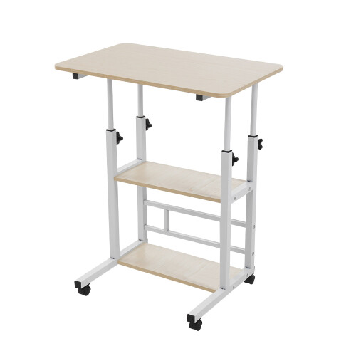 60x40cm Mobile Overbed Desk Height Adjustable Rolling Side Table with 2 Storage Shelves, Beige