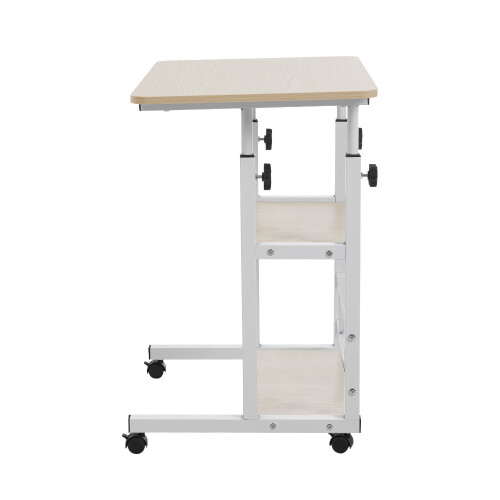 60x40cm Mobile Overbed Desk Height Adjustable Rolling Side Table with 2 Storage Shelves, Beige 2