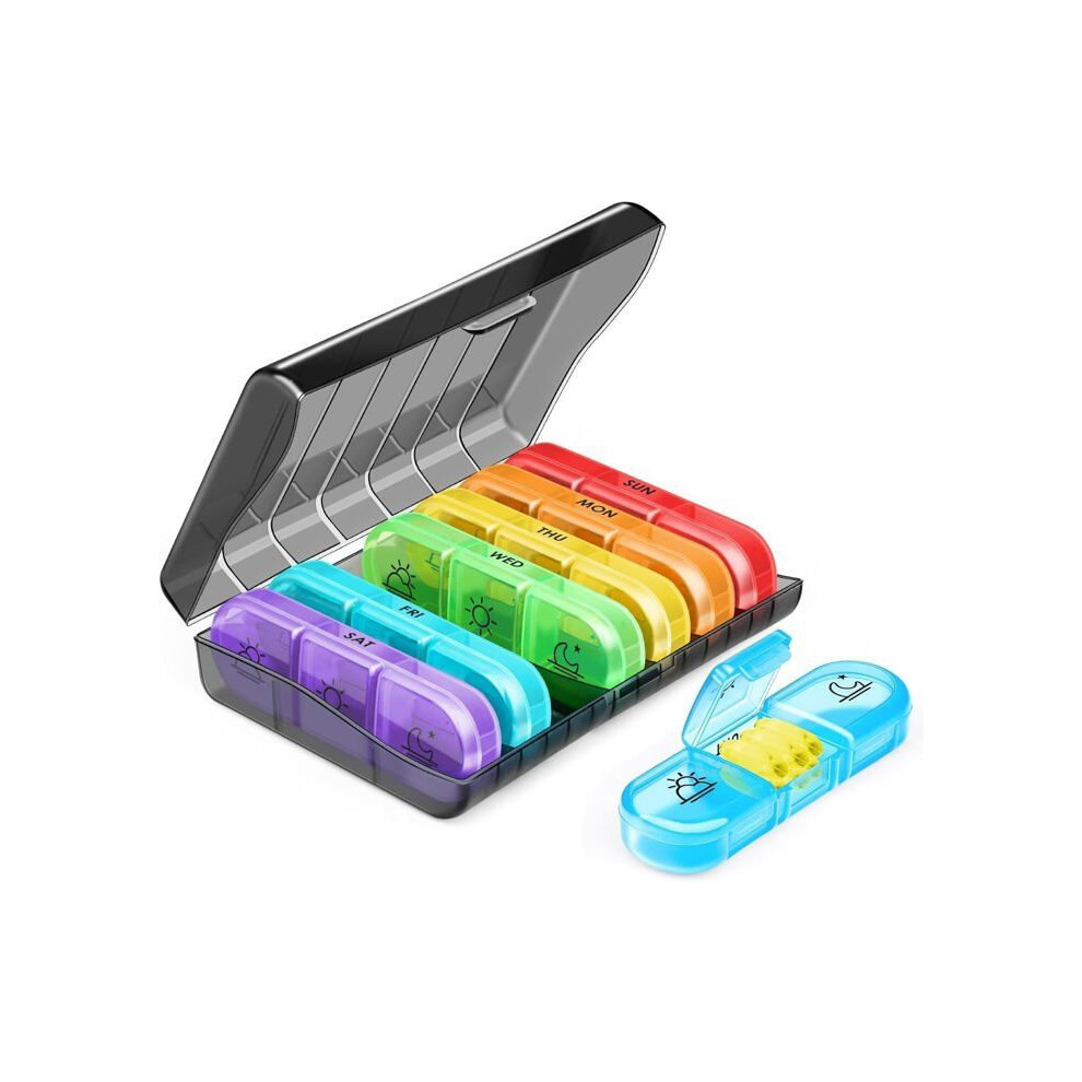 7-Day Weekly Pill Organizer, Daily Medicine Box with 3 Compartments, Morning Noon Evening, Multicolor Storage Case