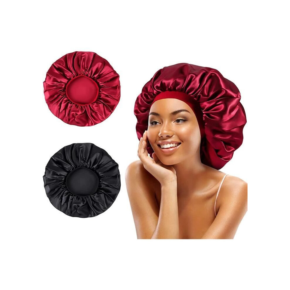Sleep Caps Set of 2, Silk Satin Adjustable Elastic Night Caps for Women, Soft Hair Bonnet for Sleeping