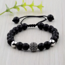 Black Lava Beaded Macrame Bracelet Silver