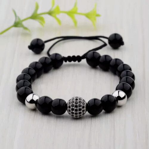 Black Lava Beaded Macrame Bracelet Silver