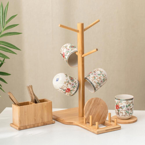 Bamboe bekerhouder met 6 haken 1