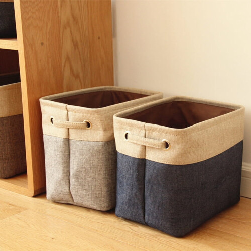 Panier de rangement rectangulaire pliable en coton et lin, gris, taille L 2