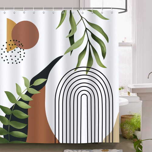 Boho-Duschvorhang mit grünem Blattbogen-Design, 183 x 183 cm 1