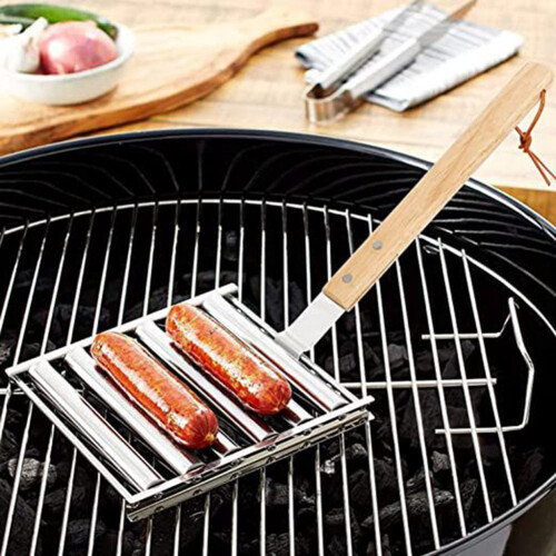Hotdog-rullegrill i rustfrit stål med træhåndtag 2