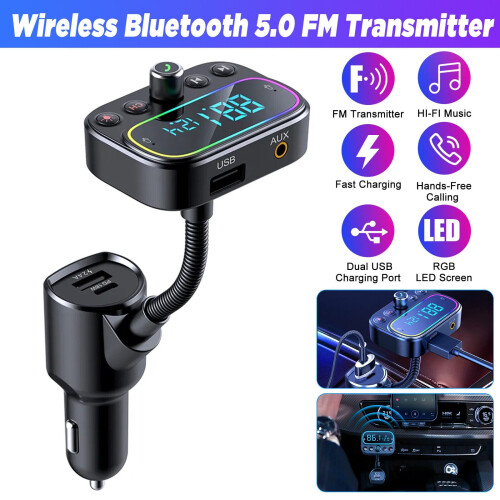 Bluetooth FM transmitter with USB-C PD charging and 2