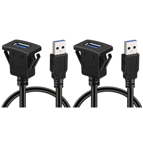 2X New USB 3.0 Flush Mount Panel Extension Cable with Locking Clip - 1M Dashboard Mount for Car, Truck, Boat, Motorcycle