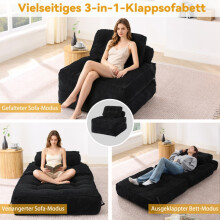 Schwarzer Klappsofa-Sessel, verstellbarer Relaxsessel und ausziehbares Schlafsofa für Wohnzimmer, Schlafzimmer und kompakte Wohnungen