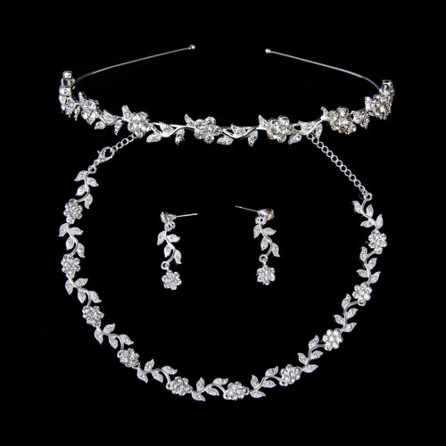 Brautschmuck-Set mit Blumenmuster und Strasssteinen, Silber 1