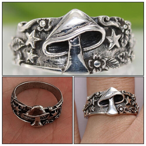 Bague rétro champignon feuille étoile argentée 1 pièce 1