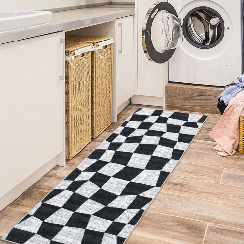 Modern Checkered Runner Rug Black 2 ft x 6 ft 2