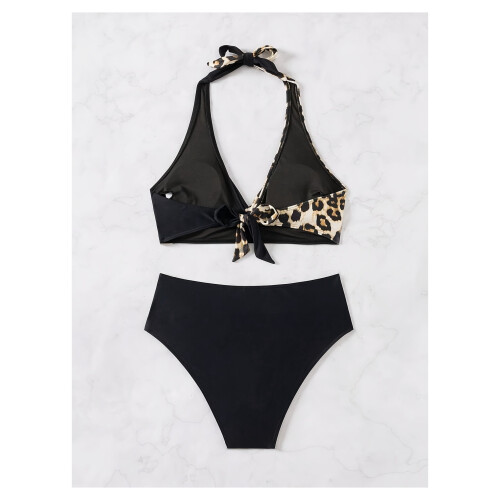 Σετ μπικίνι με λεοπάρ σχέδιο, μαύρο mesh halter και ψηλόμεσο τελείωμα 1
