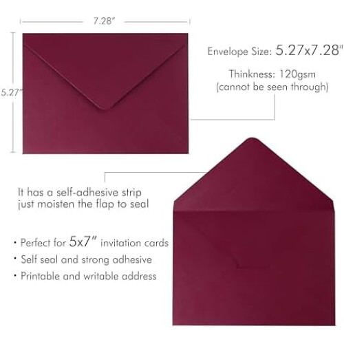 Envelopes A7 Bordô Brilhantes, 50 unidades, 5,25 x 7,25 polegadas 1