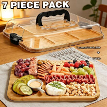 (Default) 7pcs Bamboo Cheese Board Set (1 Reversible Serving Tray 6 Forks) – Portable Charcuterie Platter for Camping, Parties
