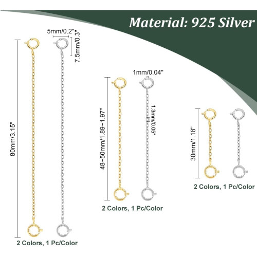 925 Sterling Silver Necklace Extender 6 pcs 1-3 inch 1