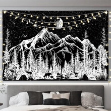Tapisserie forêt montagne lune noir et blanc 150x200cm