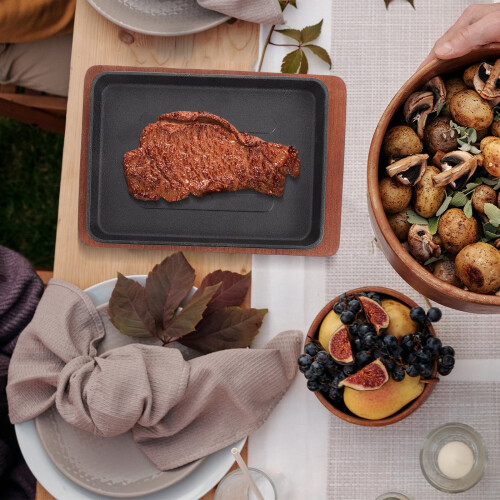 Eease steak plate griddle pan with wooden base 1 set 2