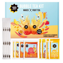 TeaJoy Fruit Bubble Tea Kit (Makes 4 Drinks) - Passionfruit & Mango Tea Syrups with Strawberry & Passionfruit Popping Boba - Just Add Water & Ice