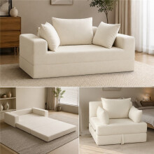 Schlafsofa aus Cord, 2-in-1-Klappbett für Gäste, inklusive 3 Kissen für kleine Räume, Creme