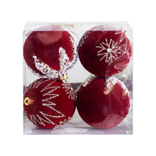 Glob decorativ pentru bradul de Crăciun de 8 cm, glob pictat de Crăciun, plușat, glob de Crăciun roșu închis, aspect scenă decorativă cu