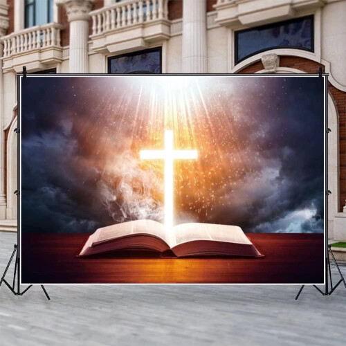 Crucifix and Open Bible Backdrop 8x6ft Polyester 1