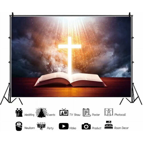 Crucifix and Open Bible Backdrop 8x6ft Polyester 2