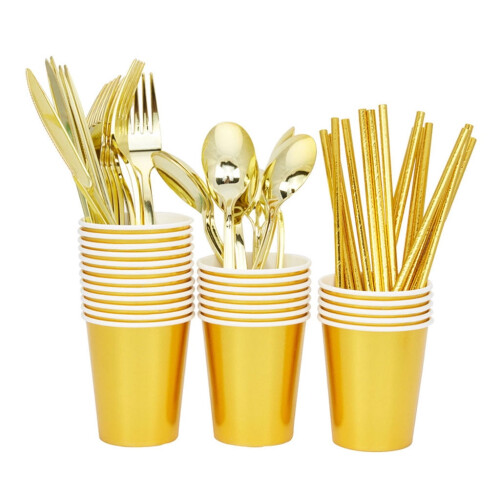 Set di posate in plastica dorata, cucchiaio e forchetta, 25 pezzi 2