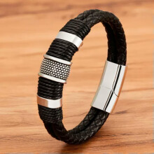 Men's Leather Rope Bracelet Stainless Steel Black